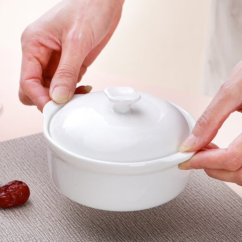 Sky Top Ceramic Double-Handled Covered Bowl Bone China Double Boiler Soup Bowl Steamed Egg Custard Bird's Nest Bowl Single Serving Pure White 5 Inch