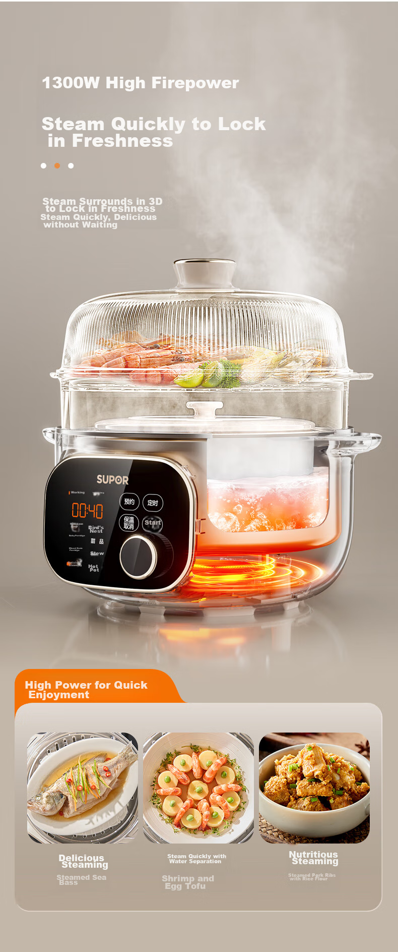 SUPOR Electric Stew Pot, Electric Stew Cup, Double Boiler for Cooking, Home Use Porridge And Soup Pot, Bird's Nest Stew Cup, 4.5L White Porcelain Inner Pot, Soup Pot with Steaming And Stewing Functions, DZ25YC876 Multifunctional Pot 13