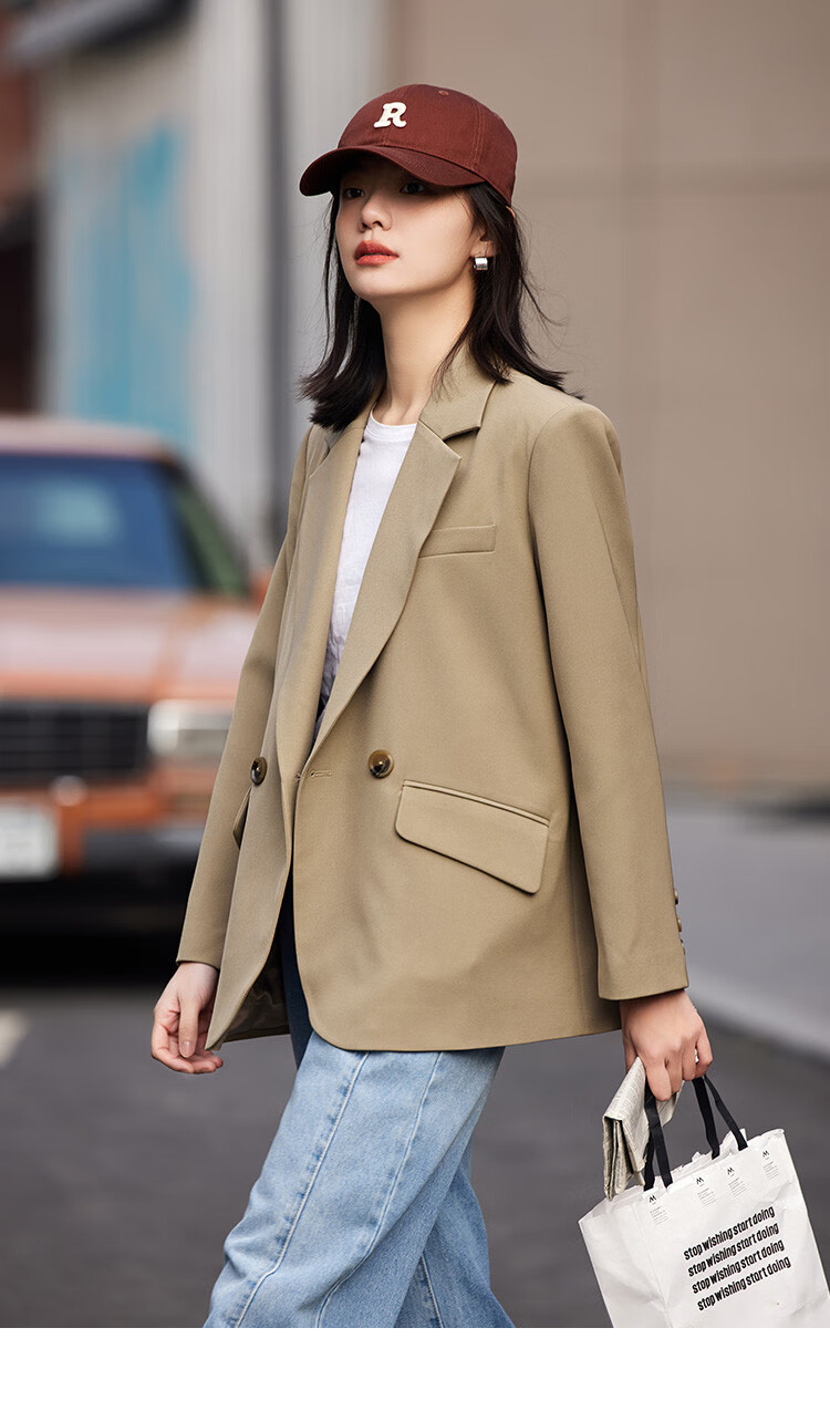 Dme [Turn-Down Collar Blazer] Spring Top, Curved Hem, Loose Suit Jacket for Women, Khaki, Size S 11