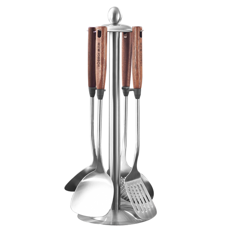 KBH 304 Stainless Steel Long-Handled Non-Coated Cooking Utensil Set: Spatula, Frying Pan, Soup Ladle, Strainer, And Stand (5-Piece Set)