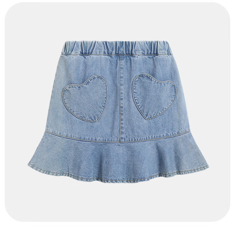 QQ DUCK Girls' Short Denim Skirt Summer Wear for Children And Teenagers, Heart Pattern Light Blue; Size 150 8