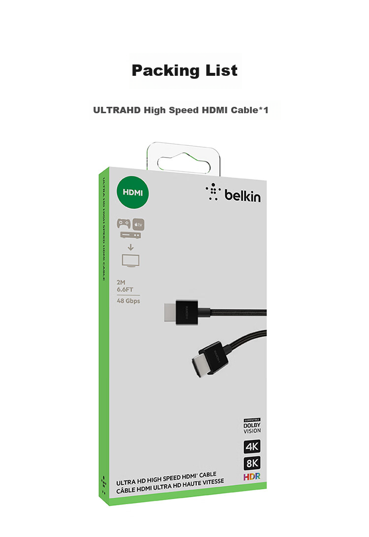 BELKIN HDMI 2.1 Extension Cable, 48Gbps Monitor Connection Cable, 4K Dynamic HDR High-Definition Video Cable, 8K Digital EARC Cable, Braided Version, 2 Meters, AV10176 15
