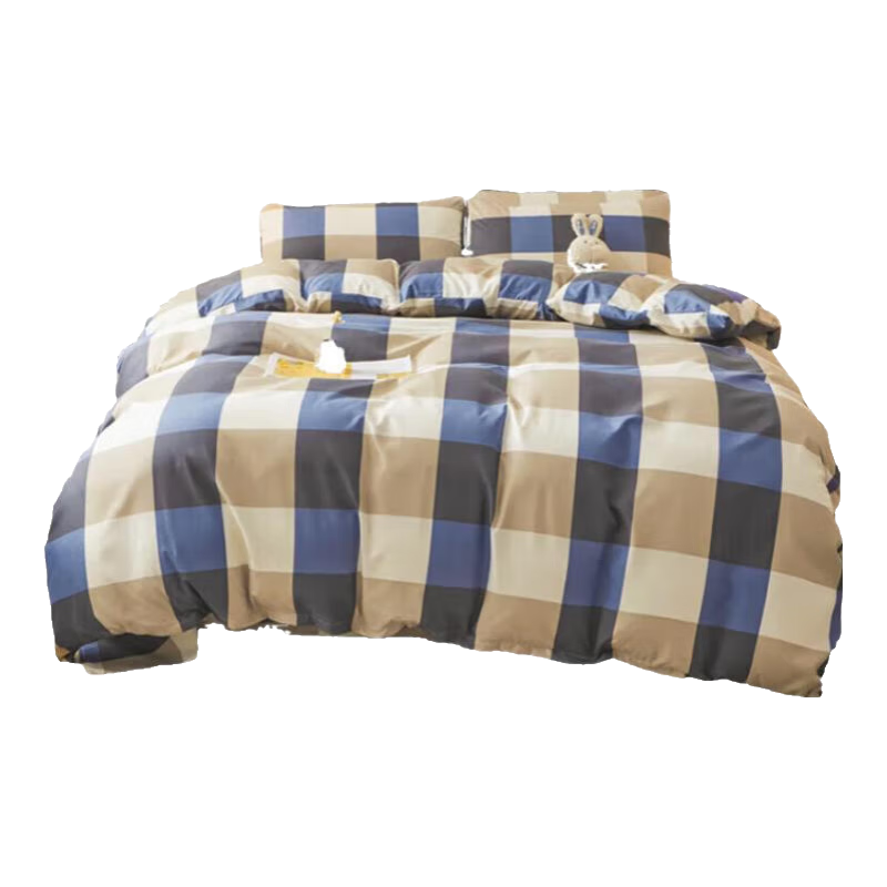 Grace 7A Antibacterial Brushed Bedding Set, Three-Piece Single Bed Sheet And Duvet Cover for Dormitory, 1.5*2 Meters, 1.2m Bed, Large Blue Check Patter