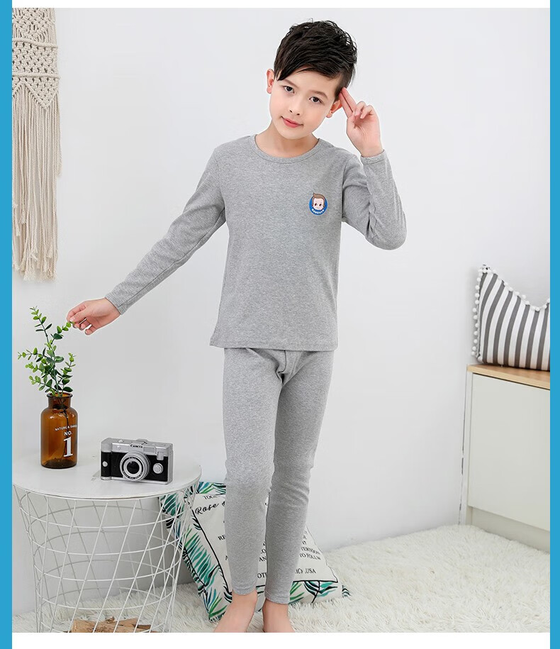 Hengyuanxiang Boys' Children's Underwear Set Youth Pure Cotton Mid-Neck Autumn Shirt and Pants Sleepwear for Boys and Students 22