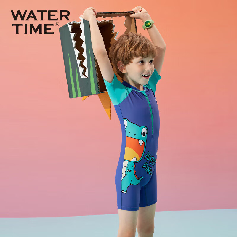 Детский купальник-боксер для мальчика WATERTIME, с коротким рукавом, для бассейна и моря, мультяшный принт, темно-синий, размер 6 (110-122 см)