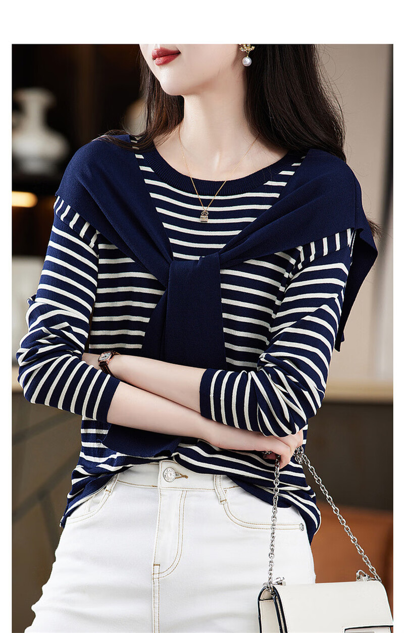 Dme [French Knit Sweater] Spring And Autumn Round Neck Double Curved Striped Contrasting Color Women's Knit Sweater, Off-White, XL 12