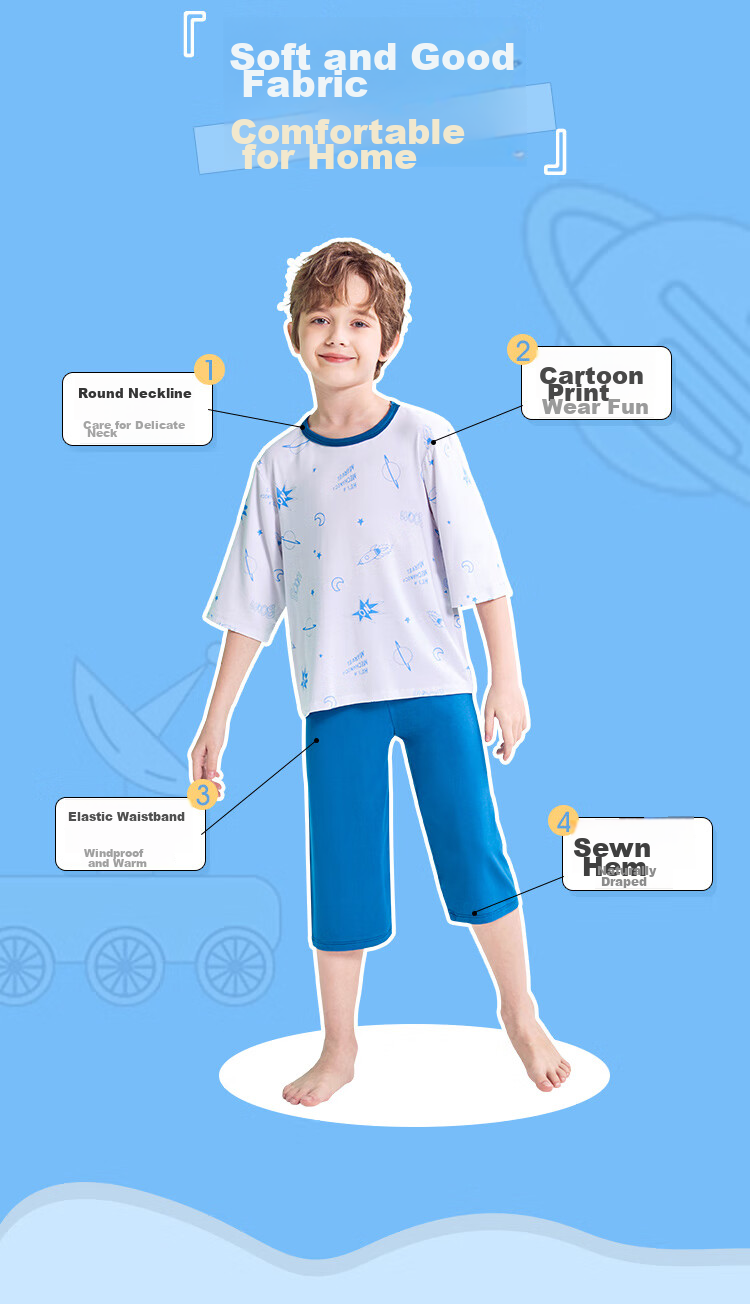 LangSha Children's Pajamas, Boys' Summer Thin Modal Sleepwear, Youth Three-Quarter Sleeve Home Wear Set, Blue, Size 120 4