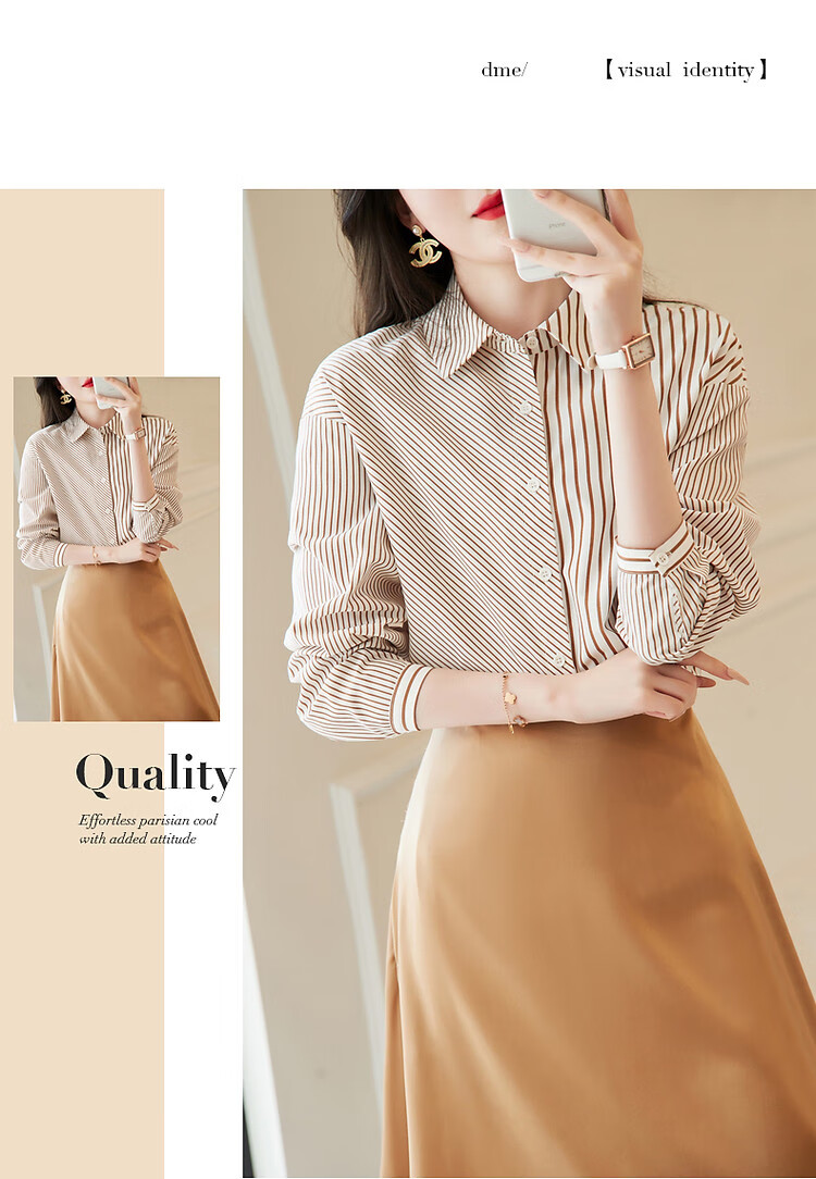 Dme [Stylish Intellectual] Spring And Autumn Free Simple Striped Patchwork Shirt, Comfortable Cotton-Blend Slimming Blouse 13