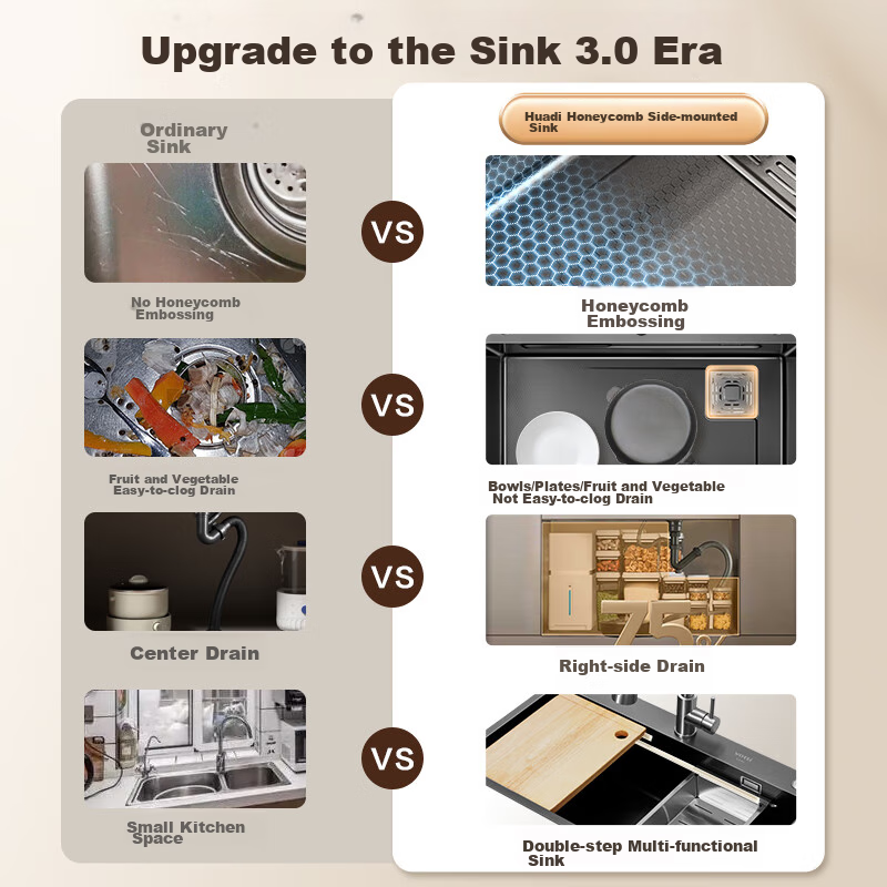 VATTI [Renovation Subsidy] Kitchen Sink, Large Single Bowl, Vegetable Washing Basin, Integrated Basin, 304 Stainless Steel Honeycomb Nano S5