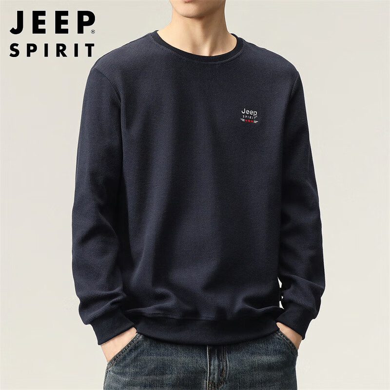 Мужская толстовка JEEP SPIRIT, осенняя, с круглым вырезом, лонгслив из вафельного трикотажа, темно-синий, XL