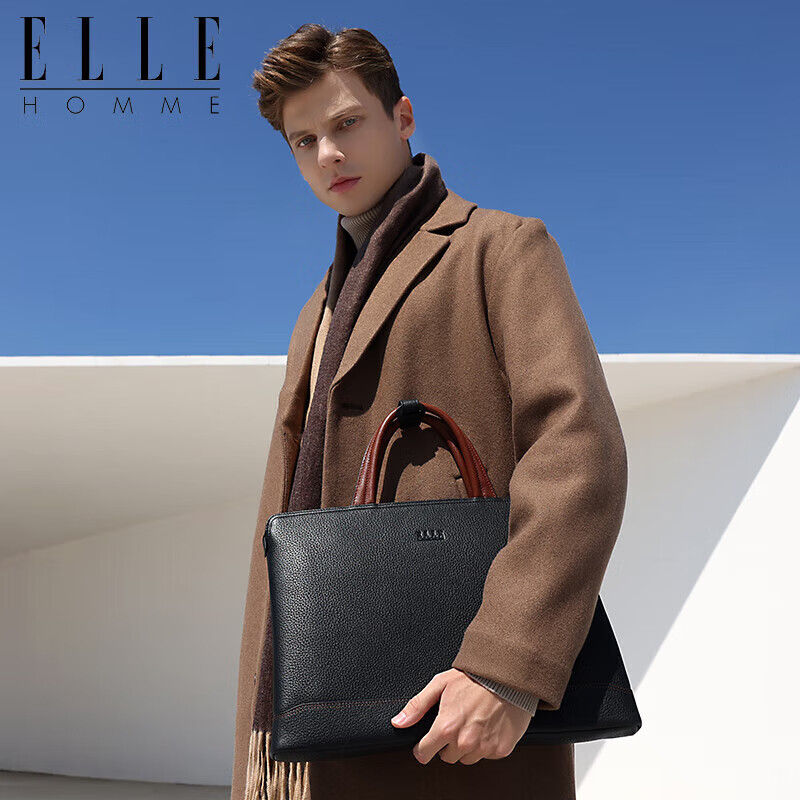 ELLE HOMME Men's Business Briefcase, Fashionable Genuine Leather Handbag, Horizontal Trendy Simple Cowhide Men's Bag, 12510 Black