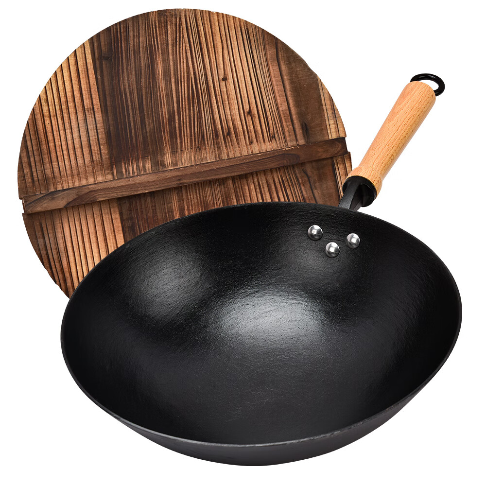 Xialaoda Cast Iron Wok, Traditional Flat Bottom Iron Pan, Uncoated, Rust-Resistant, Suitable for Gas Stove, Versatile Cooking Pan, 36
