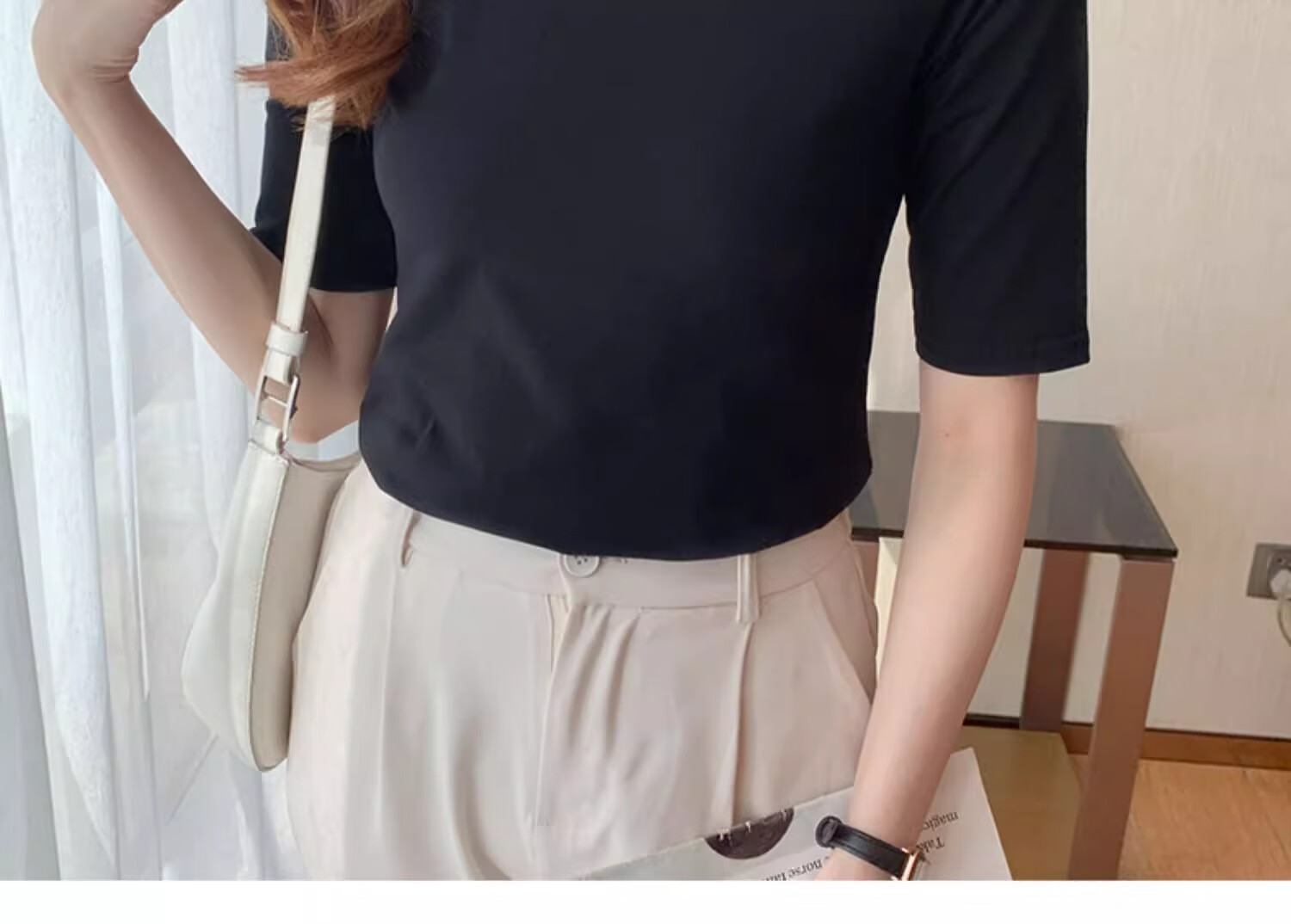 TUCANO Women's Mid-Length Sleeve Base Layer Top for Autumn, Semi-Turtleneck Five-Quarter Sleeve Regular Shoulder Slimming Inner Layer Half Sleeve Top, White, 2XL 8