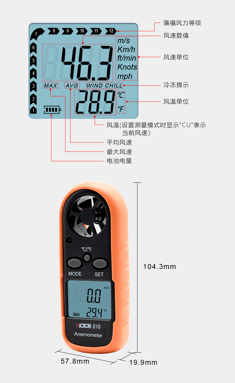 VICTOR VC816M Integrated Anemometer Handheld Wind Speed and Airflow Meter 11
