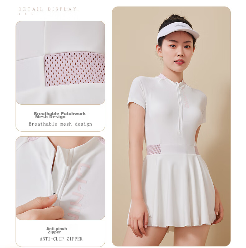 Li-Ning One-Piece Swimsuit Dress for Women, Tummy Control Slimming Chlorine-Resistant Quick-Dry Swimwear 0786 White Pink XXL 13