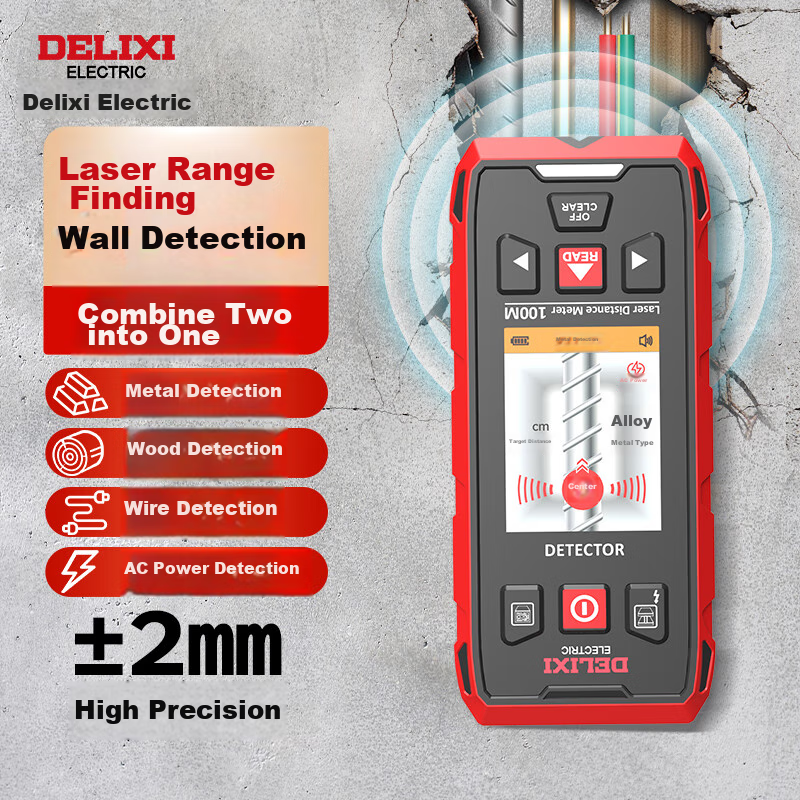 DELIXI ELECTRIC Multi-Function Wall Detector for Metal, Rebar, And Wood Detection with Red Light Ranging up to 100 Meters