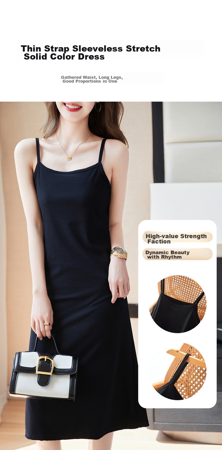 Dme Sleeveless A-Line Slightly Stretchy Vacation Style Thin Strap Dress for Women, Mid-Length, Charcoal Black, M 2