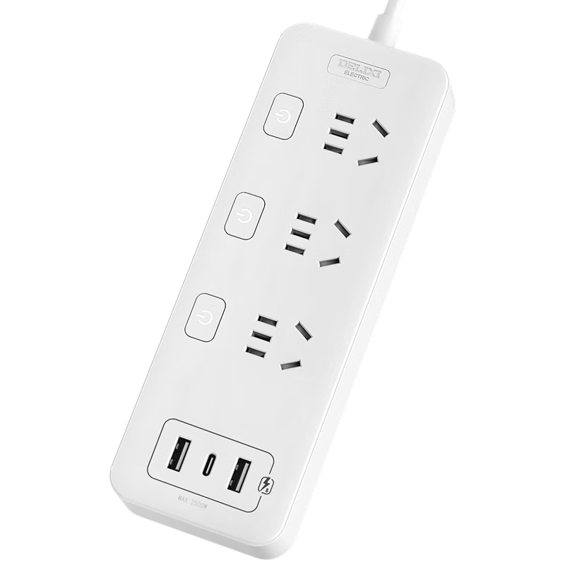 DELIXI 3C Certified National Standard 20W Fast Charging Power Strip with USB/Type-C Ports, Switches, And Extension Cord, 1.8 Meters Long