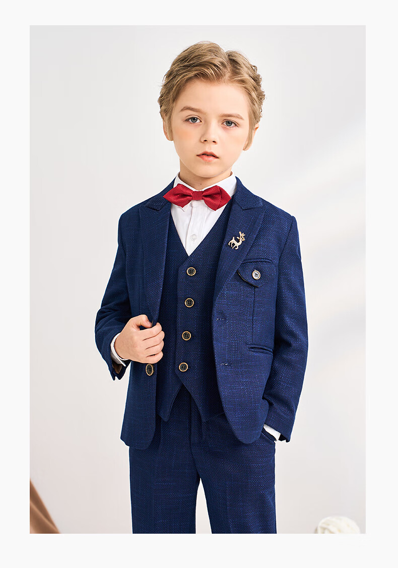 Romon Children's Suit Formal Wear Stylish British Flower Boy Set Boys Navy Blue Honeycomb Fleece Five-Piece Set Size 110 25