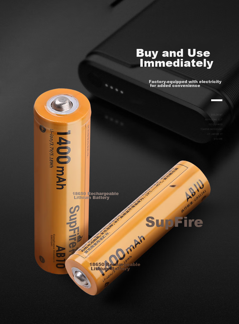 SupFire 18650 Lithium Battery, LED High-Intensity Flashlight AB10 Battery, Rechargeable, 3.7/4.2V, Bright Battery 6