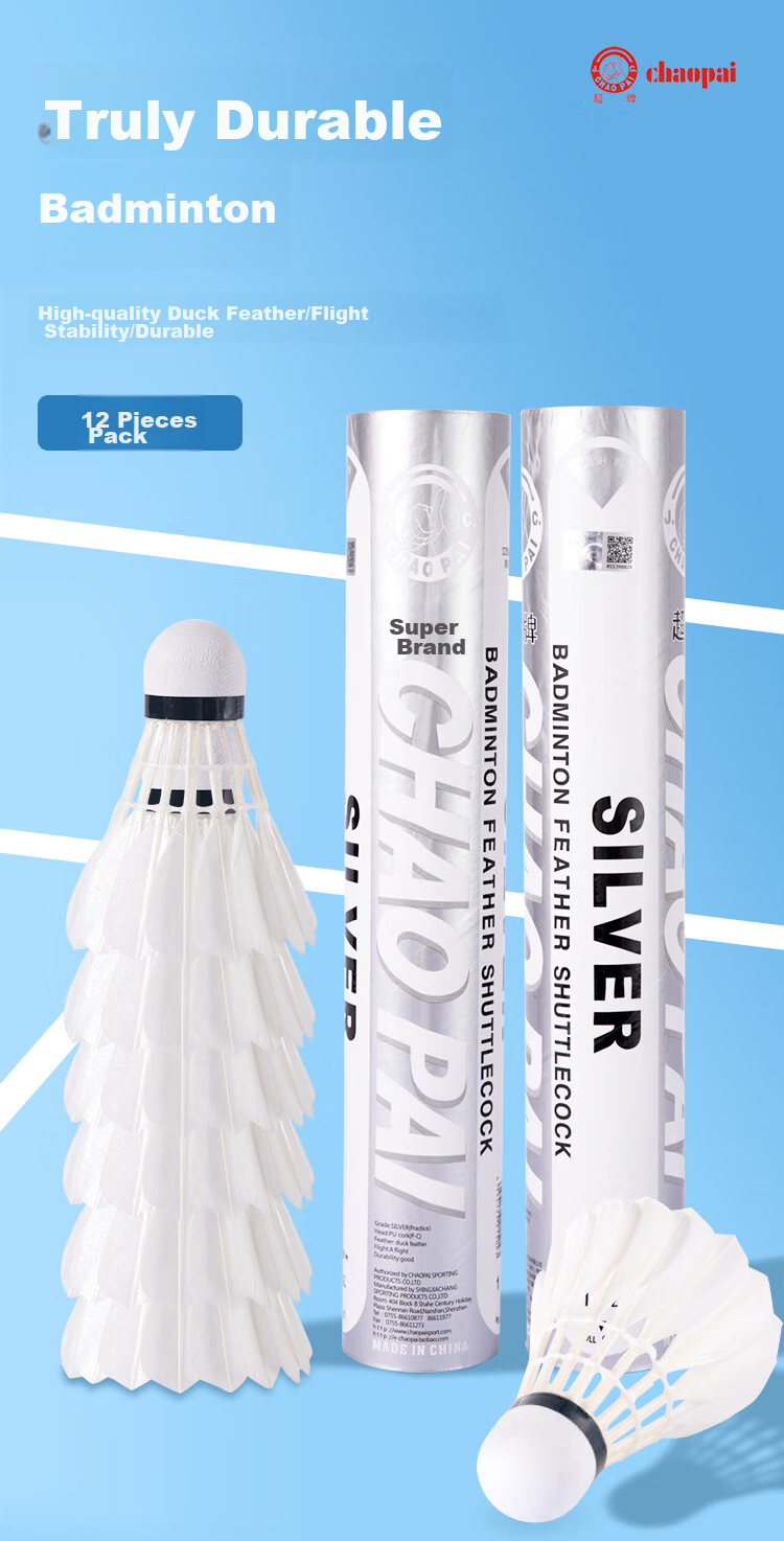 CHAO PAI Silver Super Feather Badminton Shuttlecocks, Duck Feather, Large Size, for Amateur Competitions, Pack of 12, Speed 77 2