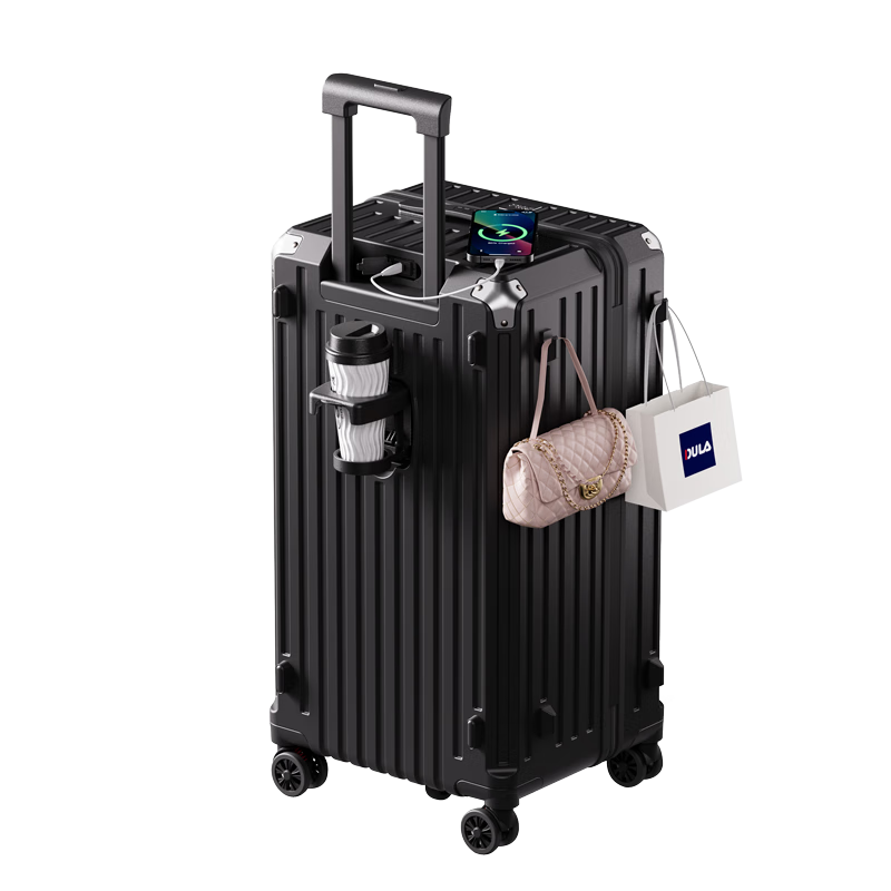 DULA Five-Wheel Large Capacity Suitcase with Cup Holder, Travel Luggage, Charging Trolley Case, Password Lock, Leather Suitcase, Glossy Black, 24 Inches