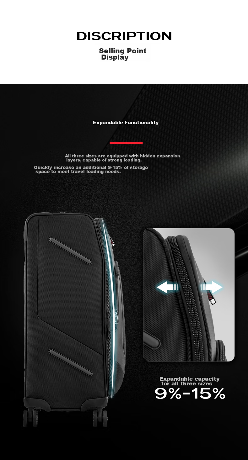 Xinxiuli Luggage, 25-Inch Trolley Suitcase, Business Soft Case, Expandable Travel Case, AZ7 Black Check-In Suitcase with Password Lock 3