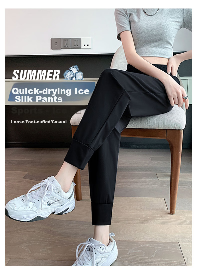 XUEXIMAN Ice Silk Sports Pants for Women, Summer Lightweight Loose Casual Pants, Elastic Ankle Harem Black Slimming Quick-Dry Women's Trousers Black 1