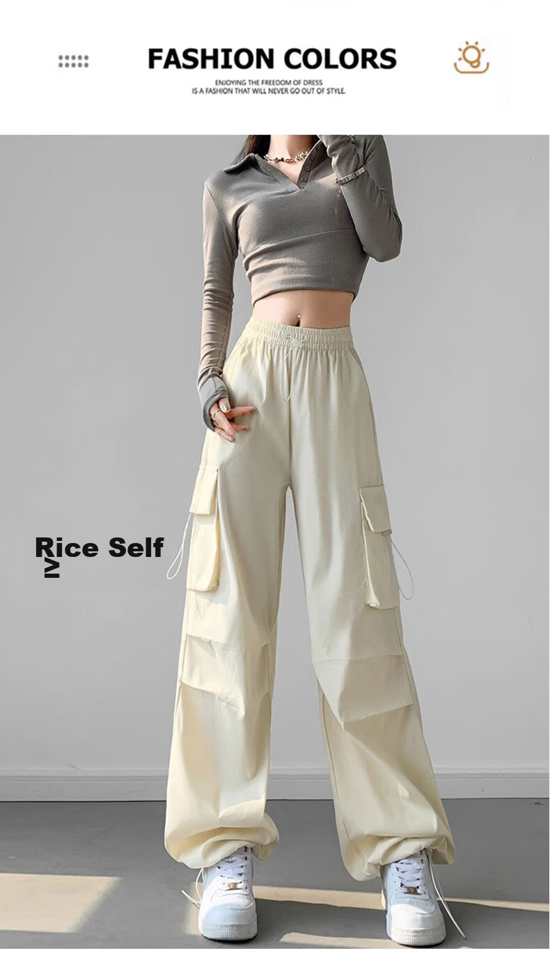 LangSha American-Style Parachute Cargo Pants for Women, Summer Ice Silk High-Waist Wide-Leg Loose Casual Quick-Dry Outdoor Sports Pants for Wome 42