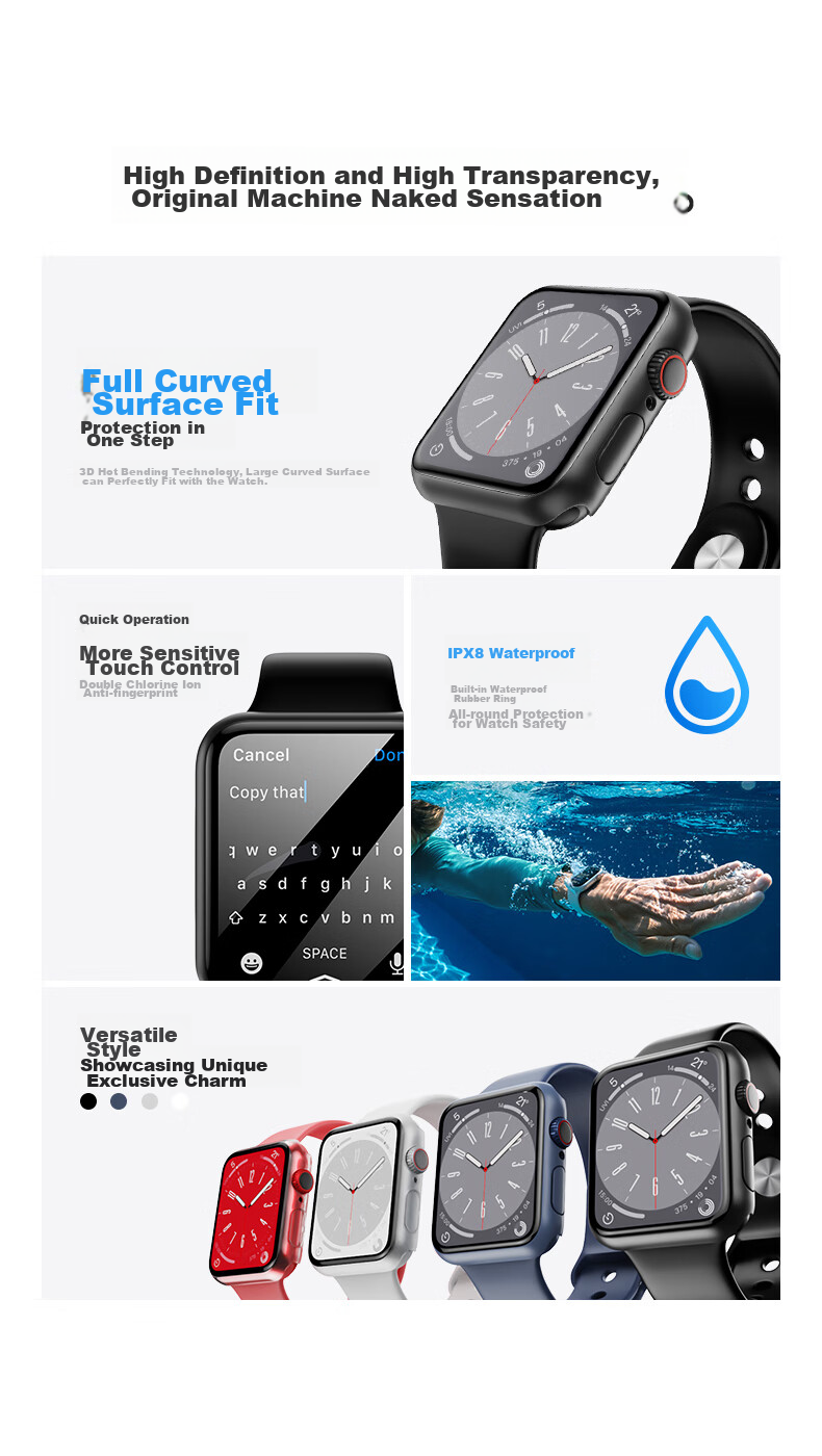 CangHua [Waterproof Anti-Fog] Integrated Protective Case Film for Apple Watch S9/S8/S7, Tempered Glass Screen Protector, Full Coverage Protective Case for Apple Watch, 45mm Black 4