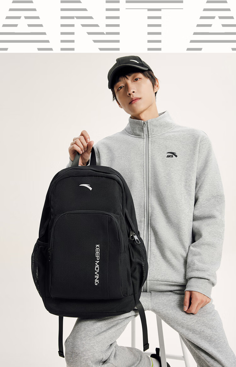 Anta Walker Black Backpack Unisex Student School Bag Laptop Sports Travel Bag 9