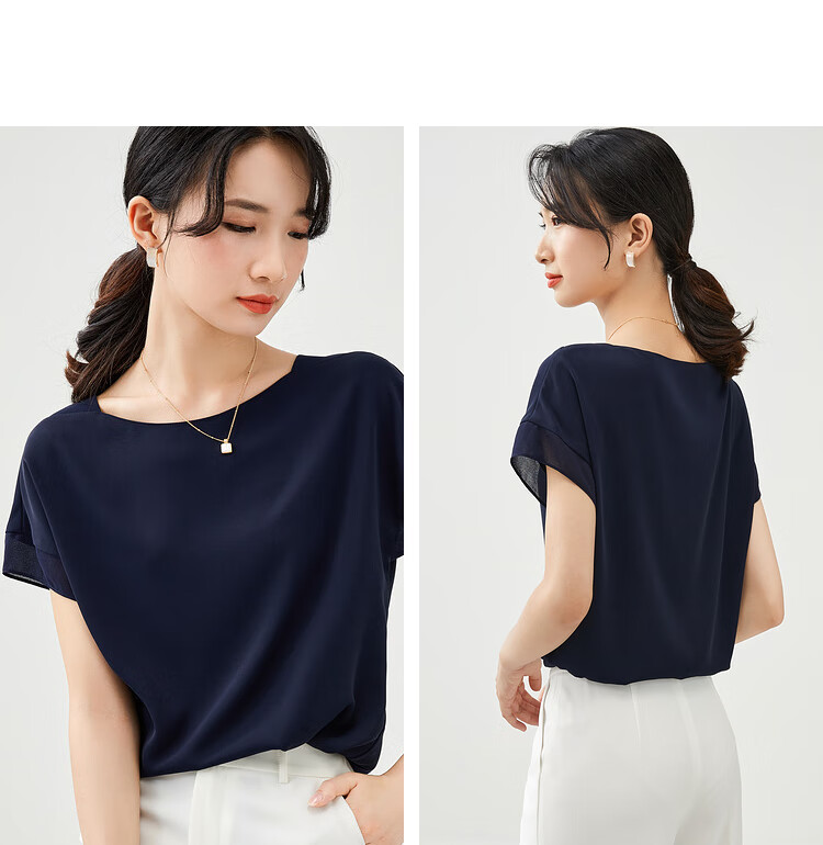 Sentubila Spliced Short-Sleeve Chiffon Blouse for Women, Slimming Tummy-Covering Top, Summer Lightweight Casual T-Shirt, Light Blue, S 30