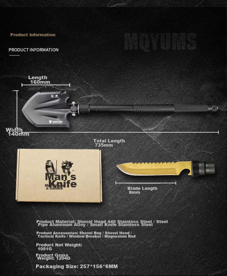 HX OUTDOORS Multi-Functional Military Shovel Folding Spade Iron Shovel Outdoor Equipment Car-Mounted Military Shovel Jiaolong Tactical Shovel 2