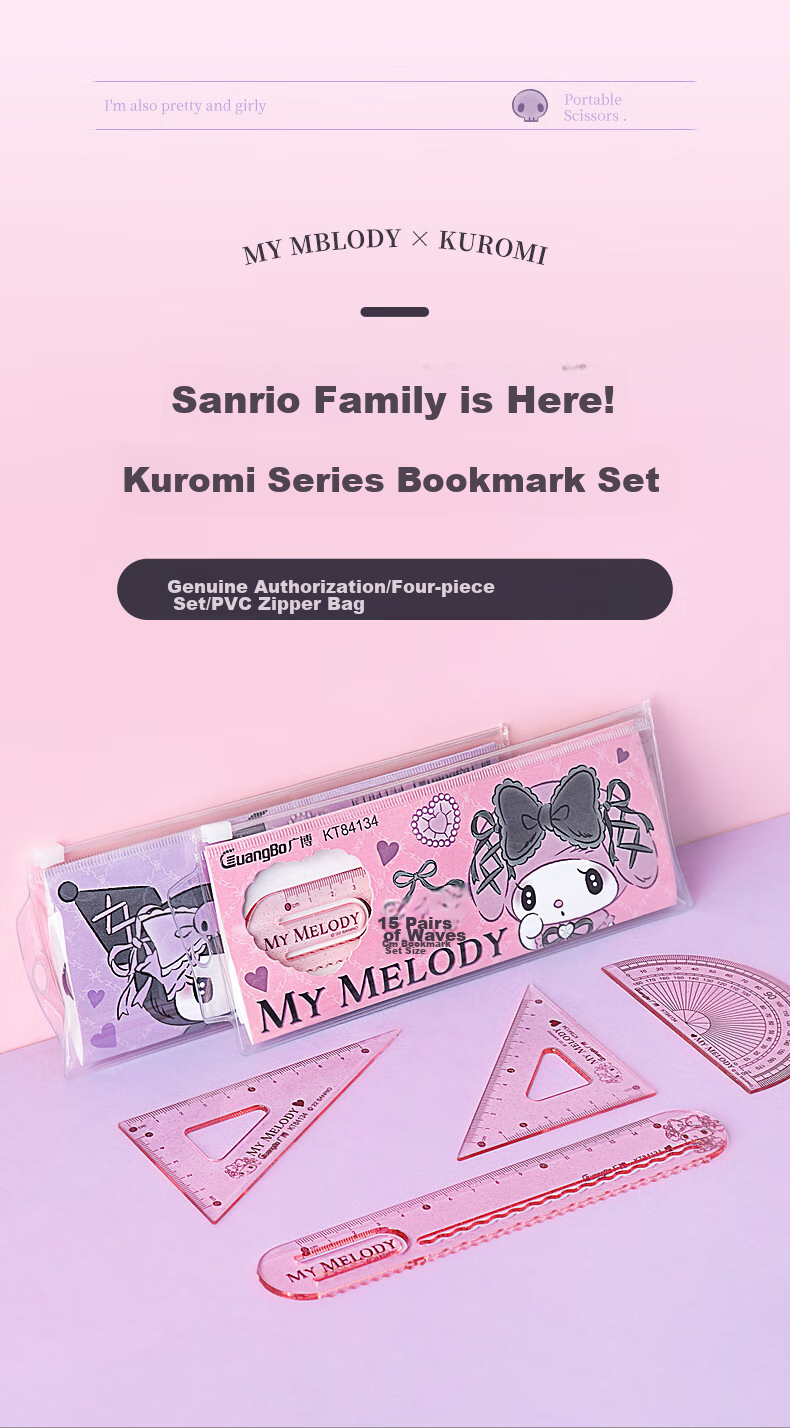 GuangBo Sanrio Collaboration Transparent Triangle Ruler Set, Exam-Specific Student Straight Ruler Drawing Tool, Primary School First Grade Wavy Ruler, Random Color KT84134 1
