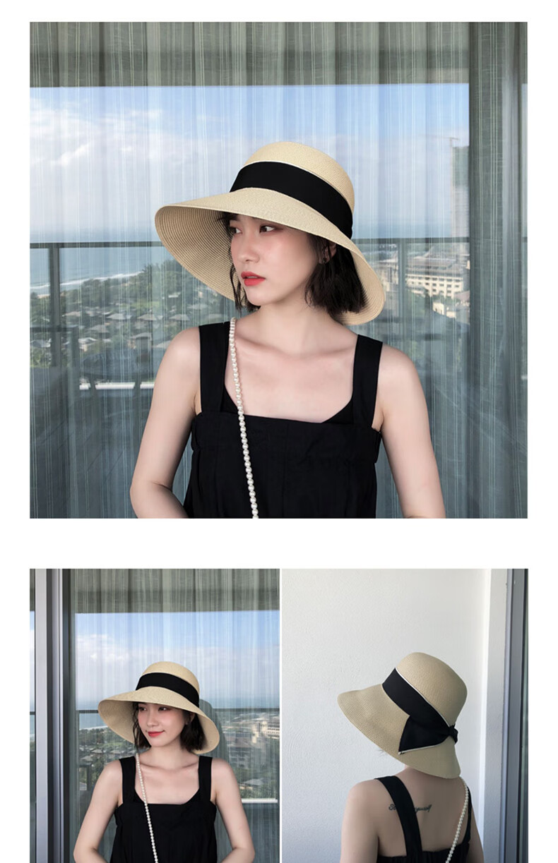 XUEXIMAN Women's Straw Hat Ins Style Summer Foldable Beach Hat Face Covering Sun Hat Bowknot Fisherman Hat Sunshade Hat Bucket Hat 3