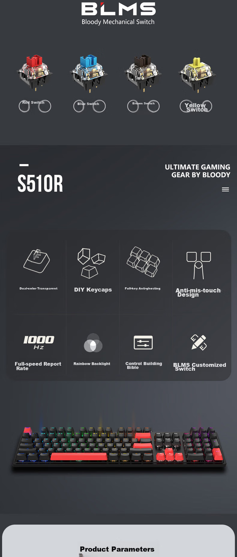 A4TECH S510R, 104-Key Mechanical Keyboard, Wired Keyboard, Gaming Keyboard for E-Sports, Tea Switch Keyboard, Blood Hand Phantom, Red Switch, Black And Red, Wired 2