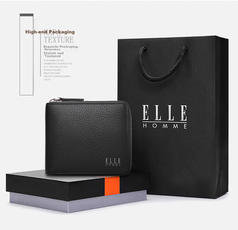 ELLE HOMME Men's Fashionable Short Wallet, Litchi Pattern Top-Grain Leather Zipper Coin Purse 4122, Birthday Gift for Me 3
