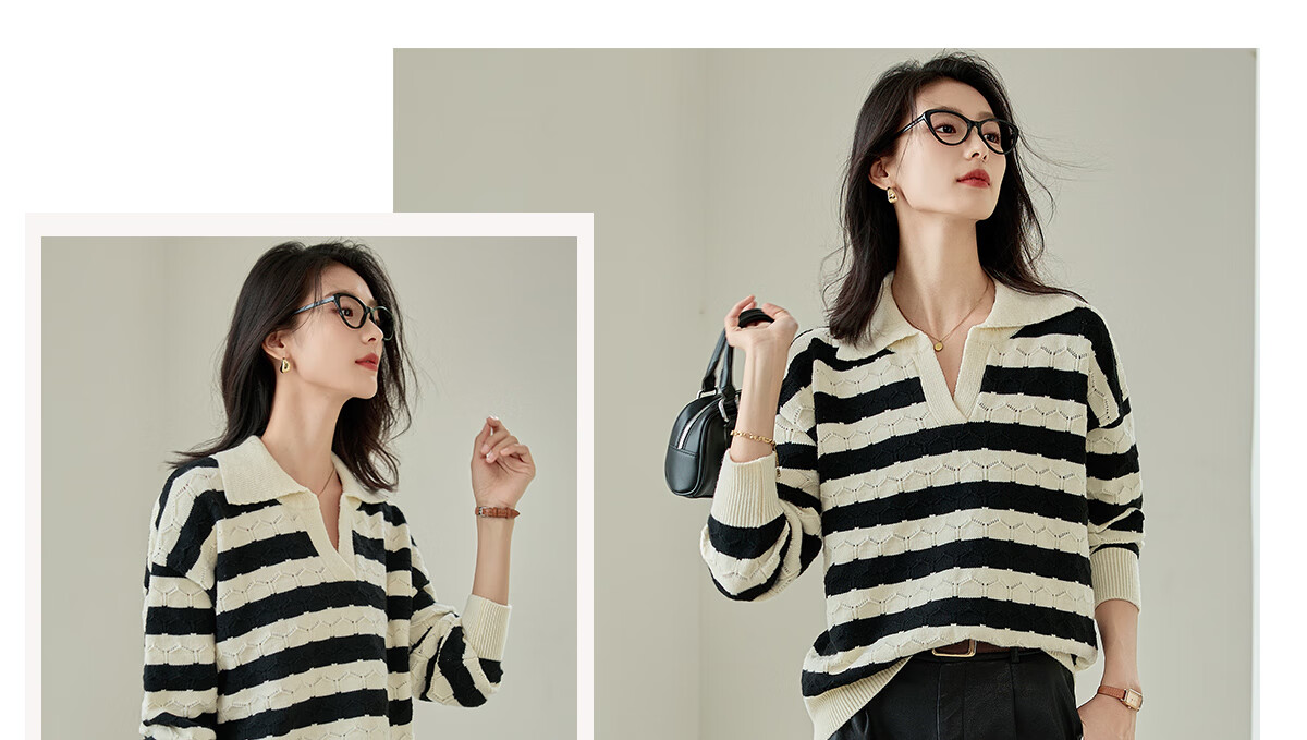 Chushen Spring Autumn Women's Knitwear Striped Textured Pattern Polo Collar Sweater Basic Top S143Z3010 10