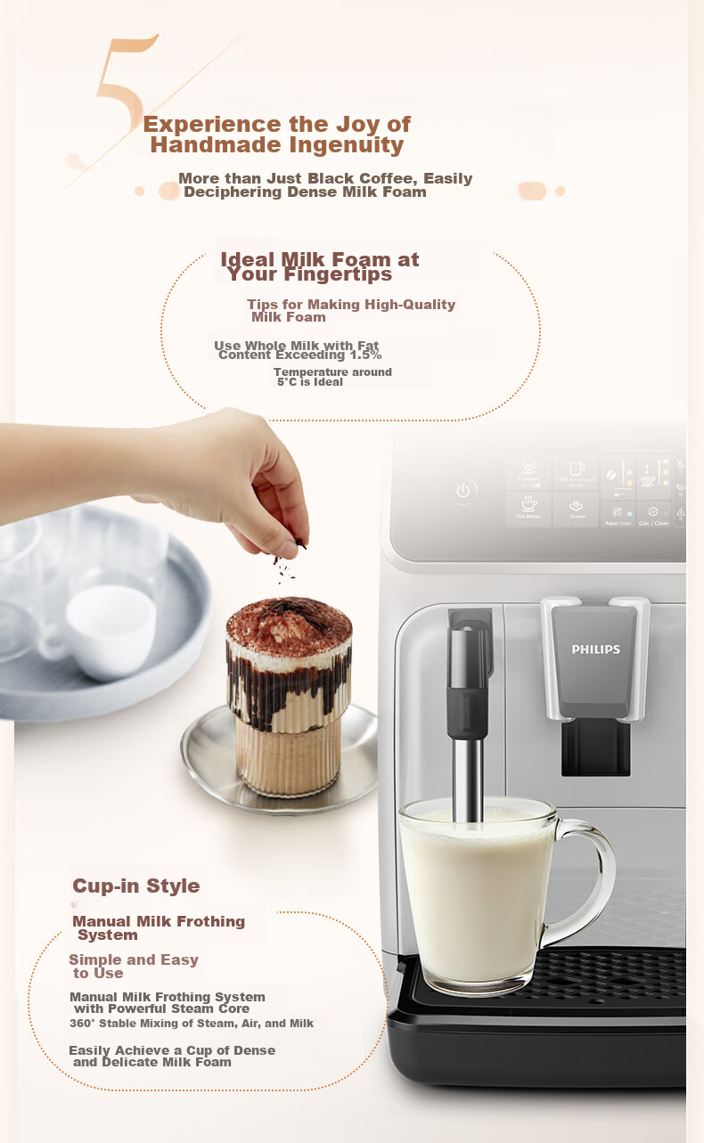 PHILIPS [Newly Upgraded Version of EP1221] Fully Automatic Italian And American Coffee Machine for Home Use, All-In Grinding, Newly Upgraded Intelligent Extraction, DIY Milk Frother, EP0820 13