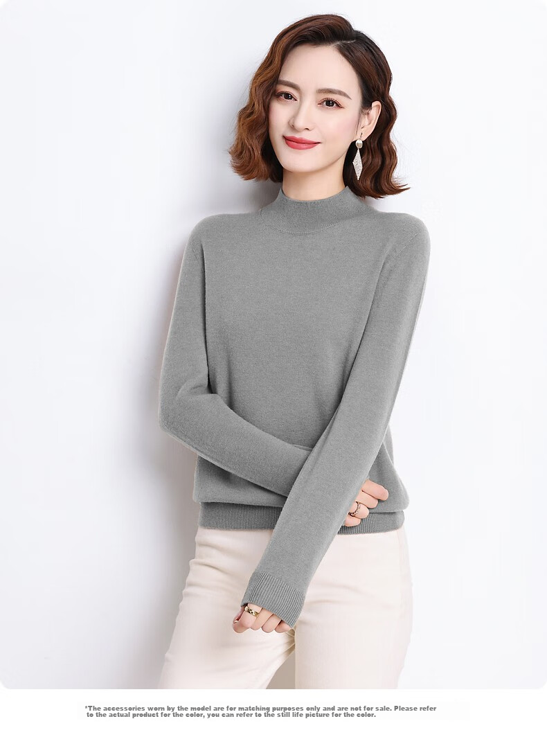 Hengyuanxiang 100% Pure Wool Sweater for Women, Semi-Turtleneck, Loose-Fitting Base Layer, Autumn And Winter Fashion Women's Knit Top 25