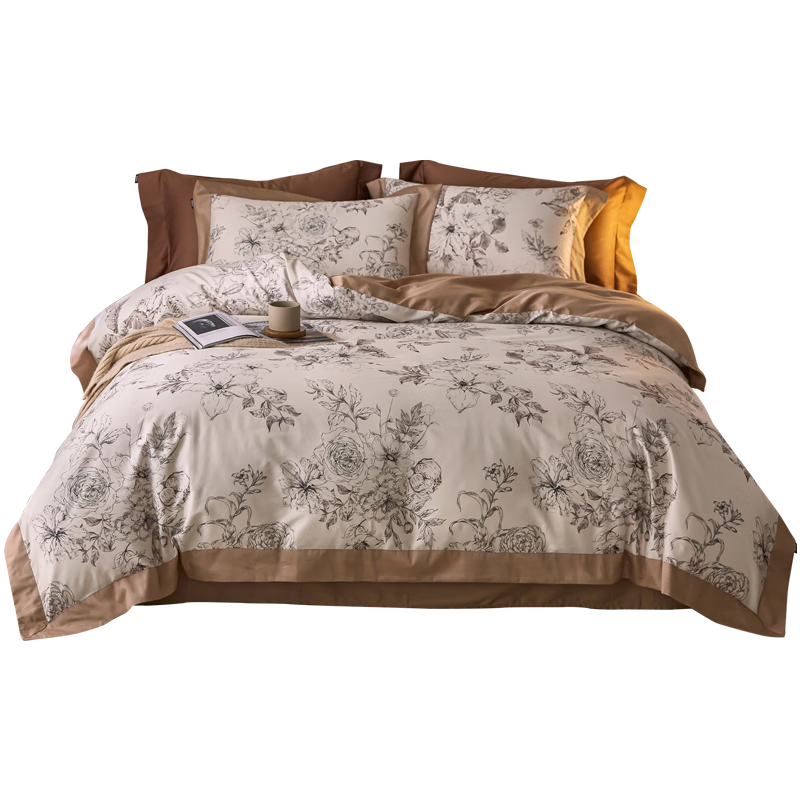 Dohia Home Textiles, Pure Cotton Four-Piece Bedding Set, 50s Light Luxury Pure Cotton Winter Thickened Warm French-Style Bedsheet And Duvet Cover Set, for 1.8m Bed, 229*230cm Wide Edge Style