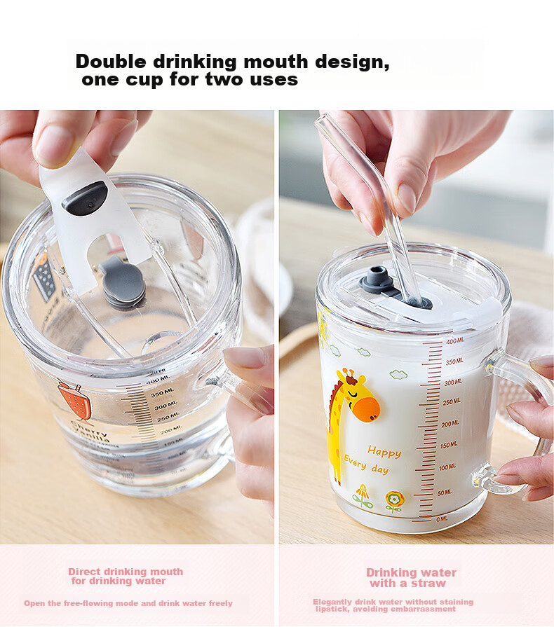 COOKSS Children's Milk Cup Glass Cup Home Drinking Cup with Scale And Straw Water Bottle Baby Formula Mixing Cup Green Dinosaur 6