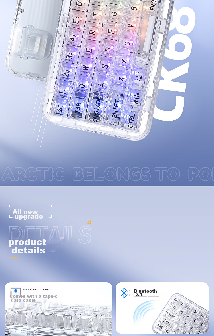 CoolKiller CK68 Polar Bear Wired/wireless/blue Toed Three-Mode Transparent Customizable Mechanical Keyboard, Ice Blade Switches, Linear Switches 4