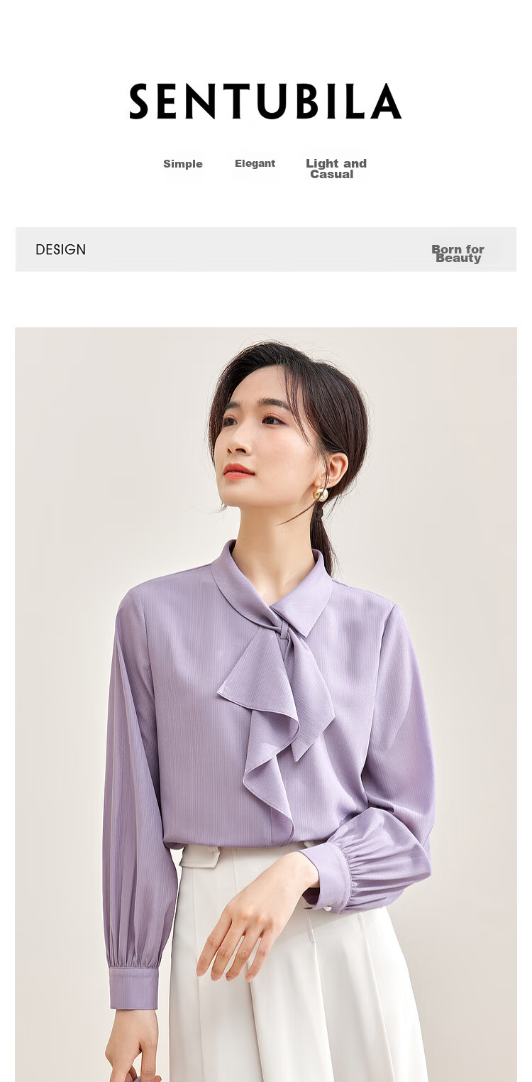 Sentubila Elegant Ribbon Blouse for Women, Spring Women's Wear, Light And Fashionable Long-Sleeve Chiffon Blouse, Versatile Commuter Top 1