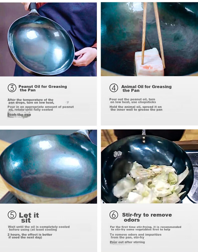 Zhensanhuan Zhangqiu Iron Wok, Hand-Forged Stir-Fry Pan, Uncoated Cooking Pan, Non-Stick, Round Bottom, Seasoned Iron Pan with Wooden Handle, 32cm 15