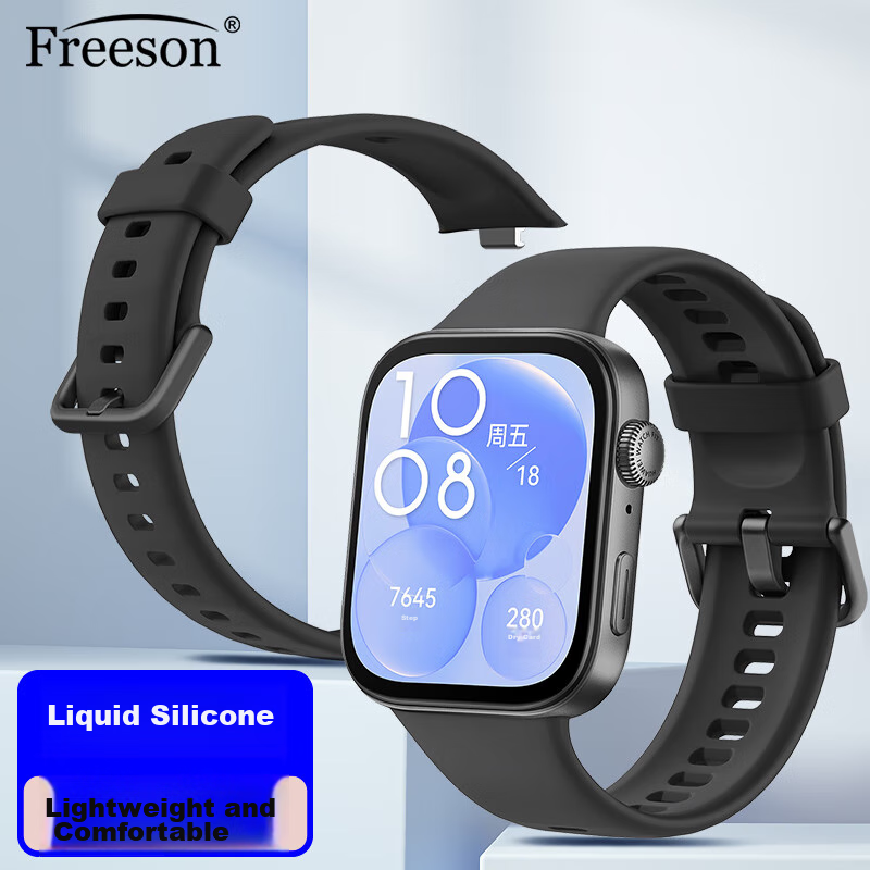 Freeson Compatible with Huawei WATCH Fit3/4/4Pro/5 Watch Strap, Smartwatch Wristband, Detachable Replacement Liquid Silicone Skin-Like Soft Strap, Black, Black