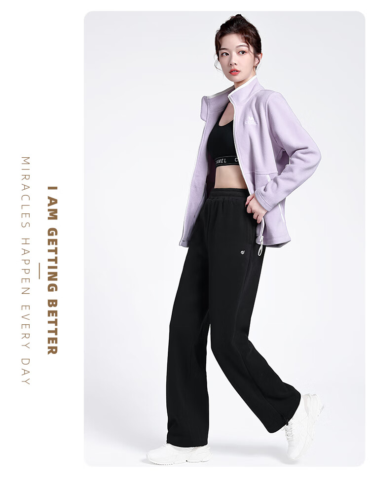 CAMEL Fleece-Lined Thickened Women's Loose Straight-Leg Pants for Running And Yoga Sweatpants Y23CY05013 Light Floral Gray S 25