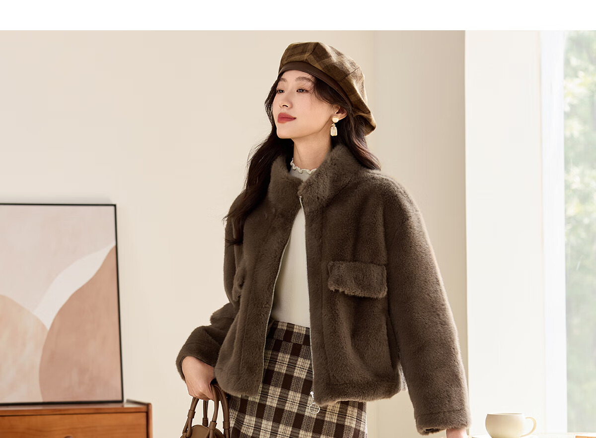 PinCai Women's Vintage Solid Color Short Fleece Jacket with Stand Collar P144U4008 23