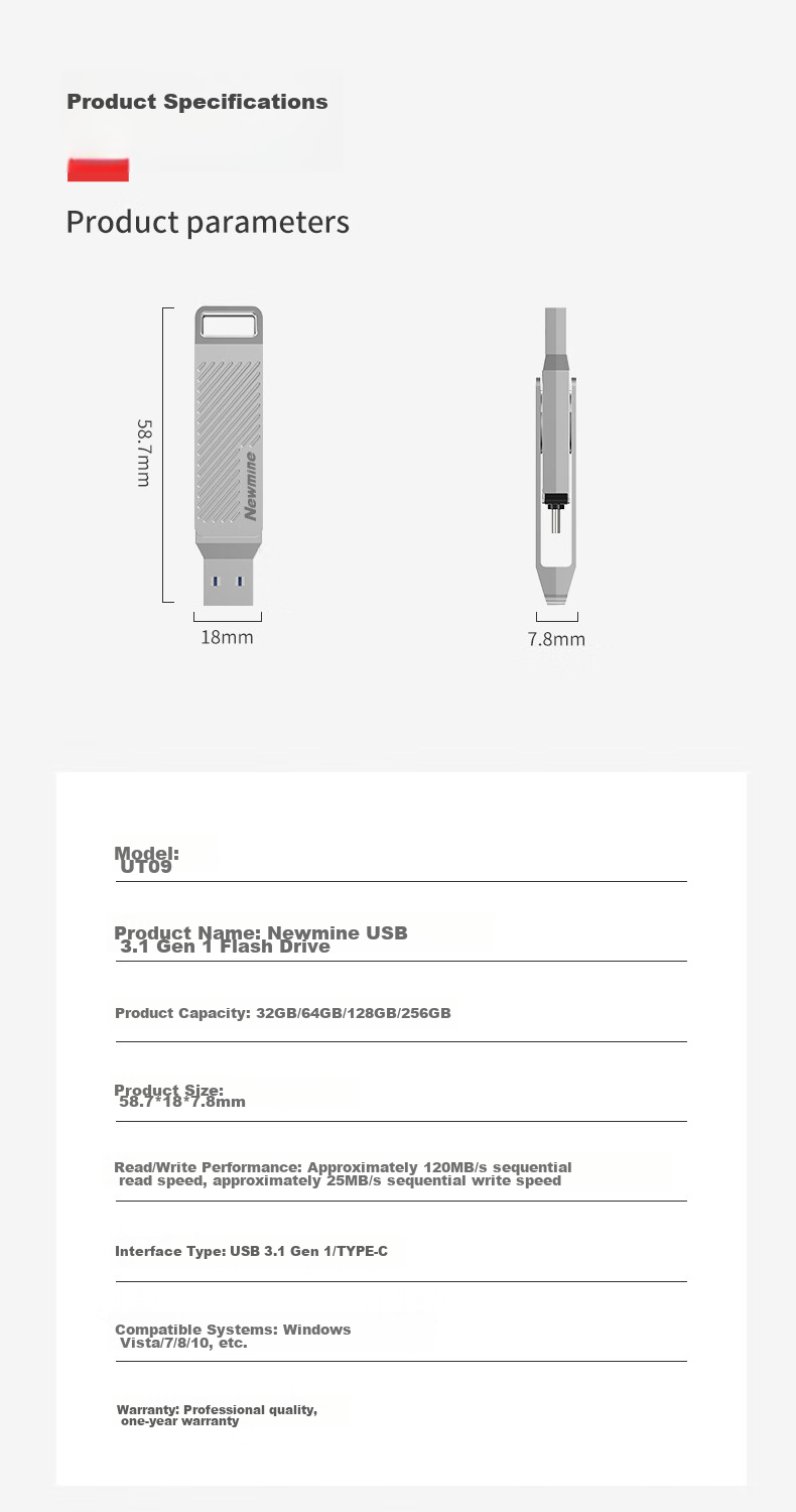Newmine Newmine USB Flash Drive, 32GB, TYPE-C High-Speed Dual Interface, Dual-Head 3.1 Large Capacity Thumb Drive, Compatible with Phones And Computers, Android And Apple, Car Connection Adapter, Silver Color 12