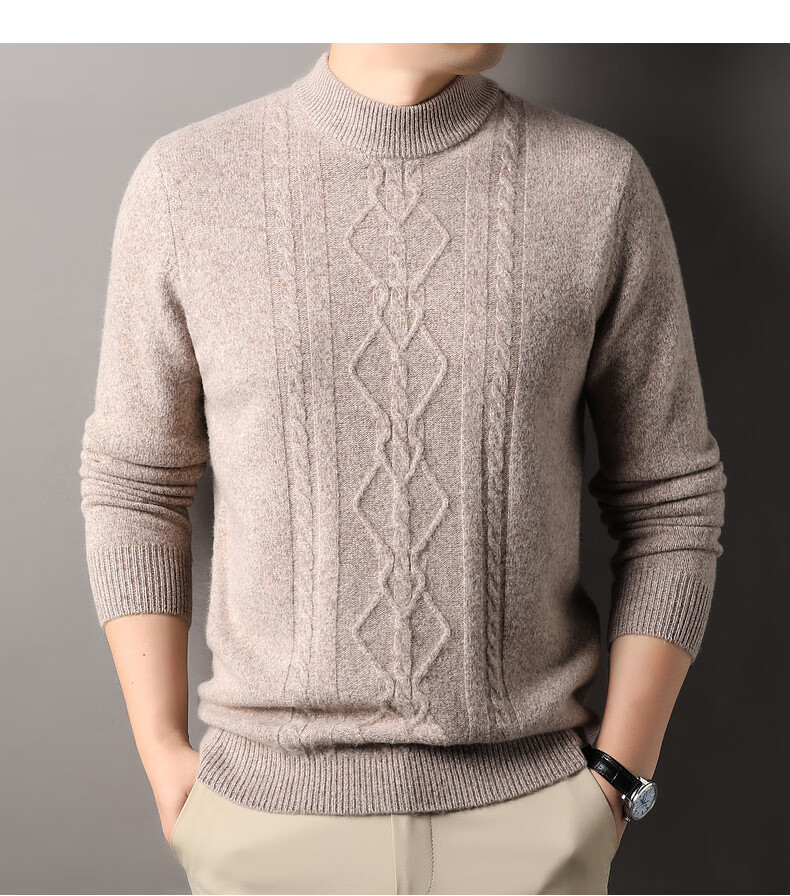 Hengyuanxiang Men's Thickened Wool Sweater Autumn Winter 100% Pure Wool Half Turtleneck Simple Casual Solid Color Knitwear 18